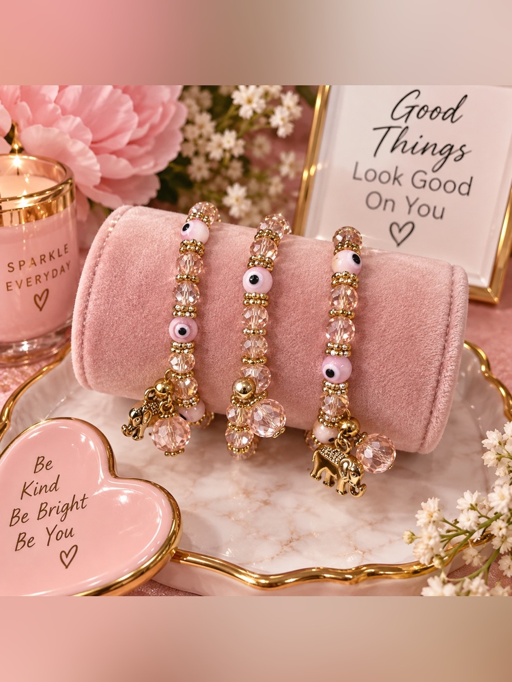 Pink Gold Evil Eye Beaded Bracelet Set of 3 Crystal Elephant Charms